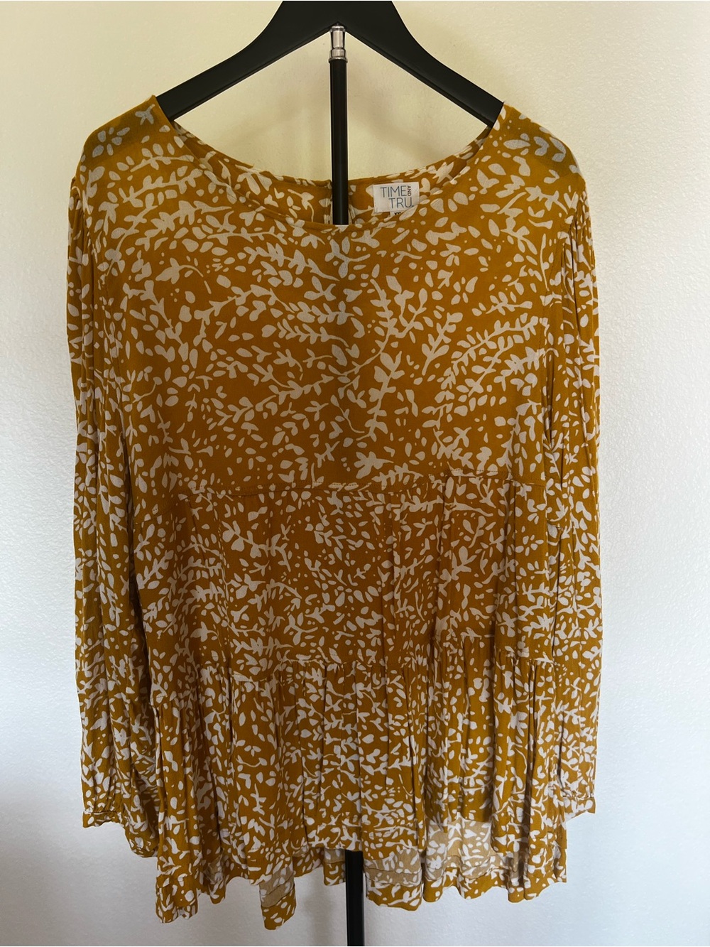 Time and Tru Mustard and White Floral Tiered Peplum Tunic